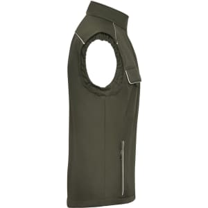 A green softshell vest featuring armholes, zippered pockets, and a logo on the front.