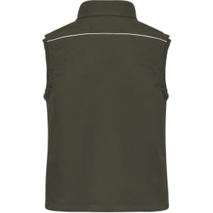 A softshell work vest in olive green with a high collar and reflective detailing, featuring a logo.