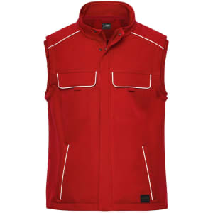 A red softshell vest featuring two front pockets and contrast piping, with a logo on the hem.