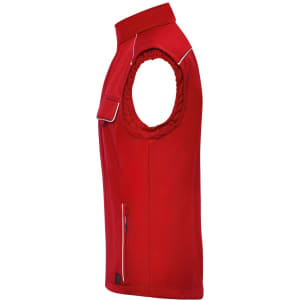 A red softshell vest with a zippered pocket and open armholes, featuring a logo on the front.