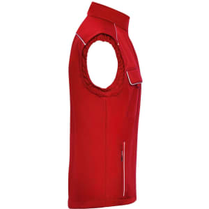 A red softshell vest with a zip pocket and elasticated armholes, featuring a logo on the front.