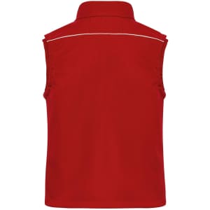 A red softshell work vest with a collar and white piping detail, featuring a logo on the back.