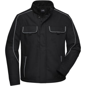 A black softshell jacket with white piping, featuring multiple pockets and a zip-up front. It has a logo on it.