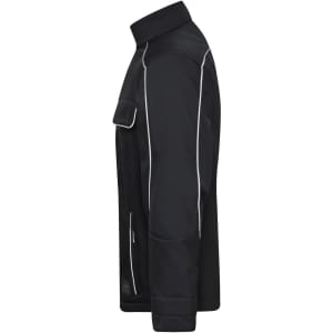 A black softshell work jacket with white accents and a side pocket. It has a collar and a sleek design.
