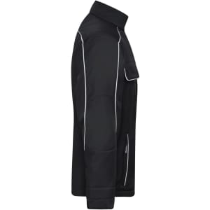 A black softshell jacket with white piping, featuring a zip front and a side pocket. It has a logo on the chest.