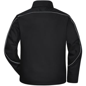 A black softshell jacket featuring a high collar and contrasting piping. The back view displays a minimalist design.