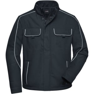 A dark navy softshell work jacket with white piping and multiple pockets, featuring a logo on the front.