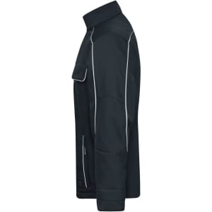 A black softshell work jacket with white piping and a pocket on the chest. It features a collared neck and a side view.