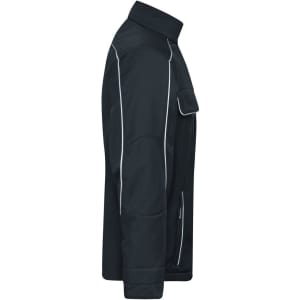 A softshell jacket in navy with grey accents and a chest pocket, featuring a logo on the front.