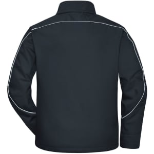 A black softshell jacket featuring white piping, designed for workwear. It has a collar and long sleeves.