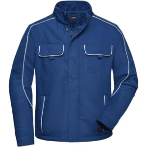 A blue softshell jacket with white piping, featuring two front pockets and a collar, along with a logo.