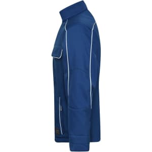 A blue Workwear Softshell Jacket featuring a side view with a chest pocket and a logo.