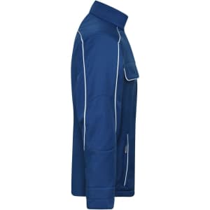 A blue softshell jacket with a side view, featuring contrasting white piping and a small pocket.