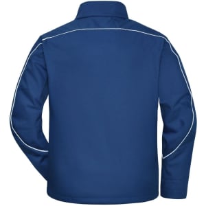 A navy blue softshell jacket with white piping, featuring a collared neck and long sleeves. It has a logo on it.