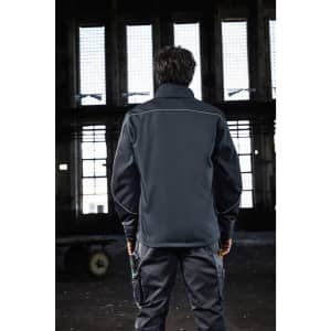 A softshell jacket in dark grey, featuring a collar and visible stitching, displayed from the back.