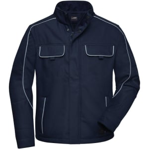 A navy blue softshell jacket with two front pockets and white piping details, featuring a logo.