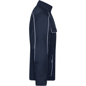 A navy blue workwear softshell jacket with white trim, featuring a side view and a chest pocket.