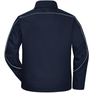 A navy softshell jacket with white piping, featuring a collar and long sleeves. Includes a logo on the back.