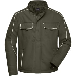 A green softshell jacket with white piping, featuring two front pockets and a collared neckline. It has a logo on it.