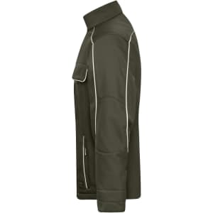 A softshell work jacket in green, featuring a zip and side pocket, with white piping details and a logo.