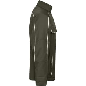 A softshell jacket in dark green with contrasting white piping and a side pocket. Features a collar and sleek design.