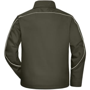 A dark green workwear softshell jacket with white piping, featuring a high collar and a back view design.
