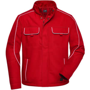 A red softshell jacket with white piping, featuring two front pockets and a zip closure, including a collar and branding.