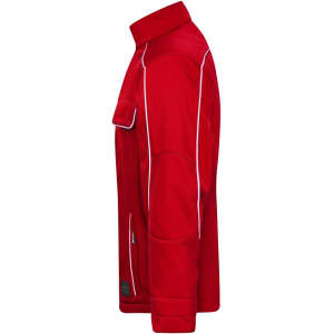 A red softshell work jacket featuring white piping and a side pocket, along with a logo on the front.