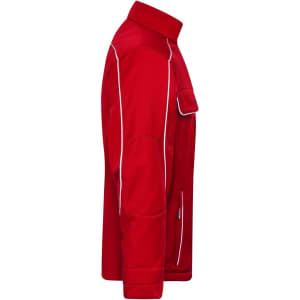 A red softshell work jacket with white piping and a side pocket, featuring a logo on the chest.