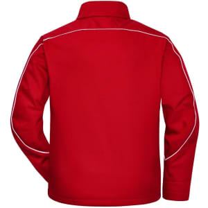 A red softshell jacket with white piping, featuring a collar and long sleeves. It has a logo on the back.