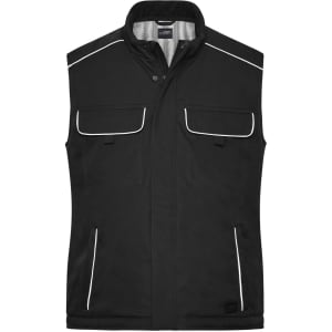 A black softshell padded vest with contrasting white piping and multiple front pockets. Features a logo.