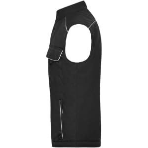 A black softshell padded vest with a chest pocket and contrasting piping details. It features a logo on the front.