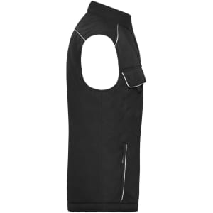 A black softshell padded vest with a zip pocket and one shoulder pocket, featuring white piping accents.