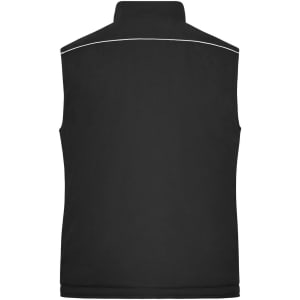 A black padded vest with a high collar and white piping detailing on the back. It features a logo.