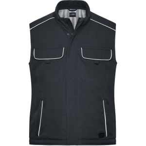 A dark grey softshell padded vest featuring two front pockets and contrasting white piping. It has a logo on the front.
