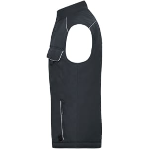 A padded vest in dark grey with a zip pocket and a logo on the front. Features a sleek design with minimal detailing.