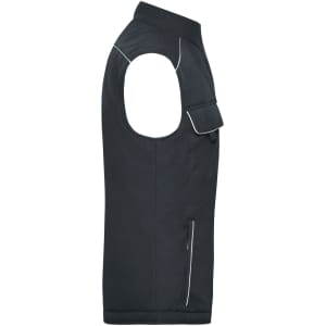 A black softshell padded vest featuring a side pocket and reflective detailing. The vest has no sleeves.