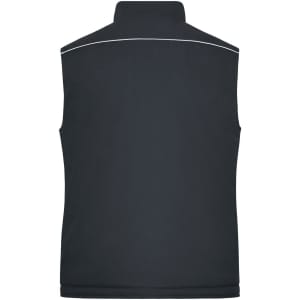 A dark-coloured softshell padded vest with a high collar and white piping detail, featuring a logo.