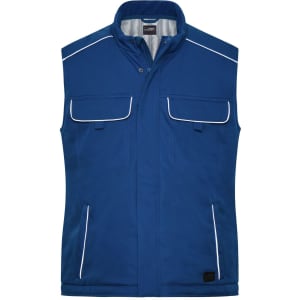 A blue softshell padded vest with two front pockets, zip closure, and contrasting white piping details.