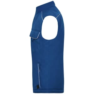 A blue softshell padded vest with a side pocket and contrasting piping, designed for workwear.