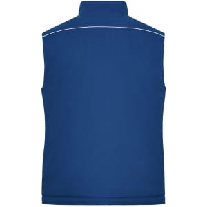 A blue softshell padded vest with a high collar and a white trim at the back. It features a branding logo.