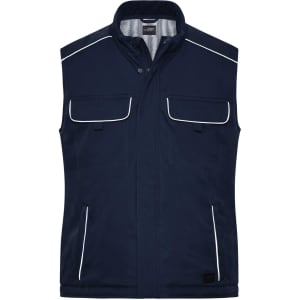 A navy softshell padded vest featuring two front pockets and contrasting white piping. Includes a logo.