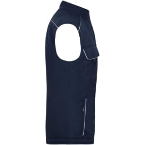 A navy padded vest with a side pocket and piping detail, featuring a logo on the front.