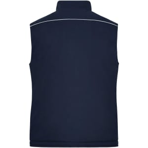 A navy softshell padded vest with a high collar and contrasting trim, featuring a logo on the back.