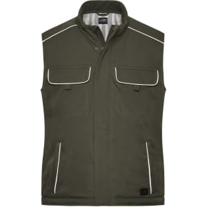 A green softshell padded vest featuring front pockets and piping detail, with a logo on the lower side.