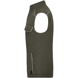 A padded softshell vest in olive green with a pocket and side zippers, featuring a logo on the lower edge.