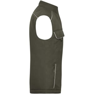 A padded work vest in olive green with a side pocket and reflective details. It features no sleeves.
