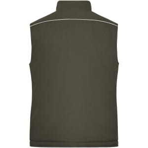 A padded work vest in olive green, featuring a high collar and a white piping detail at the back.