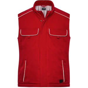A red softshell padded vest with two chest pockets and contrasting white piping, featuring a logo label.