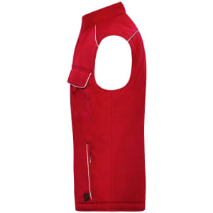 A red padded softshell vest featuring a zip pocket and a logo on the chest. The vest has a sleeveless design.